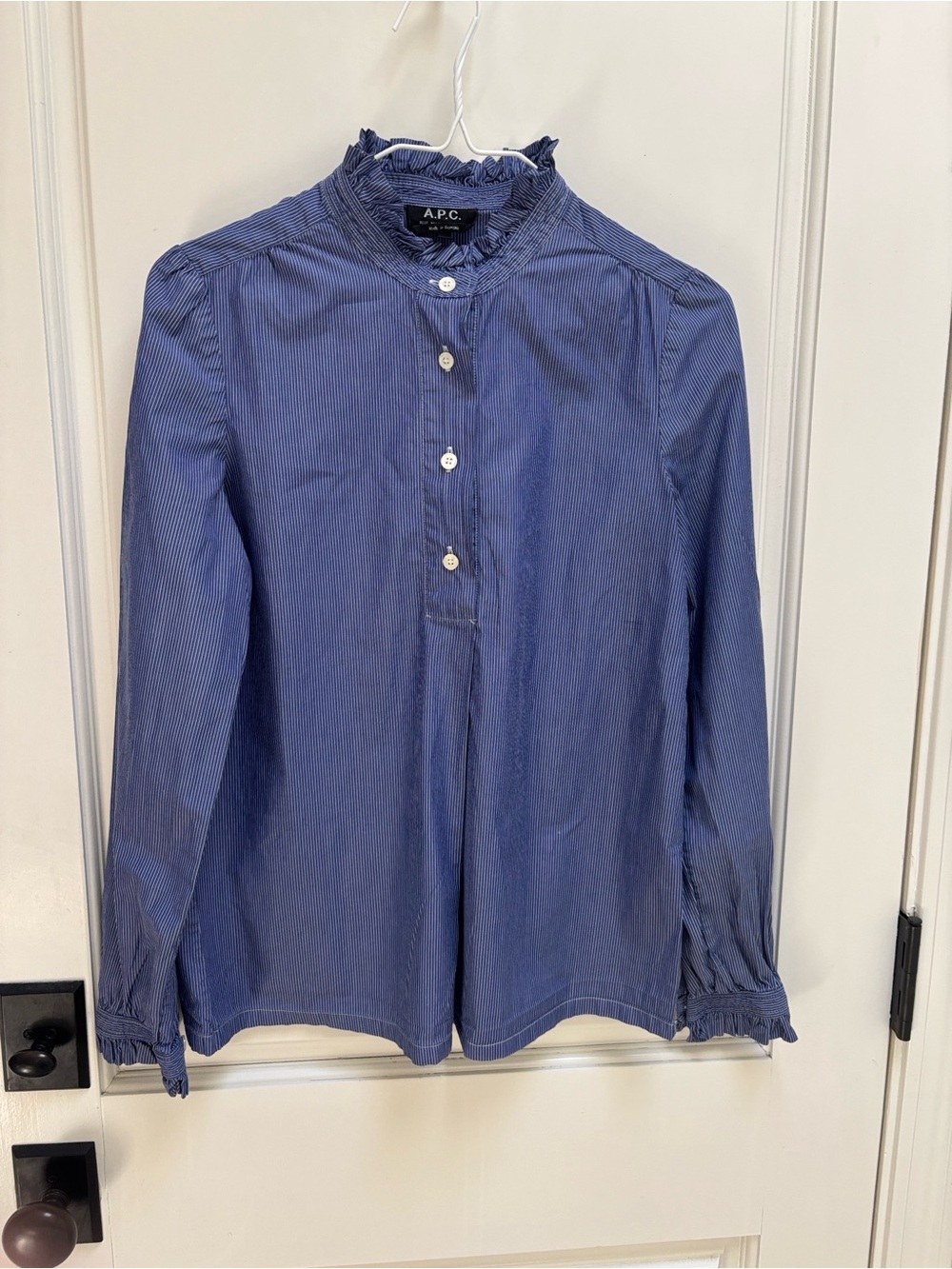 A.P.C. Blue Striped Ruffled Collar Button-Down Shirt